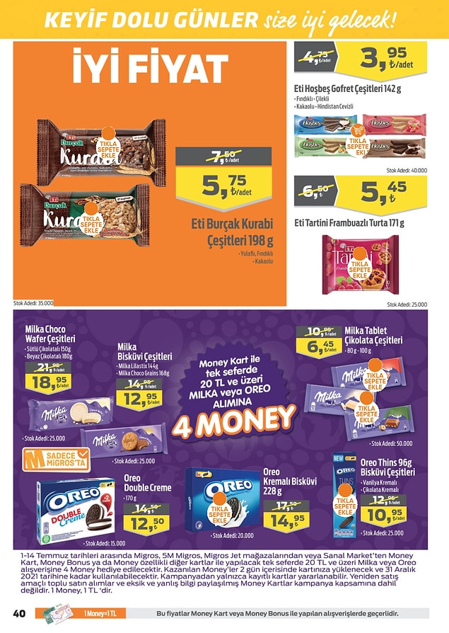 Money kartla tek seferde yapacağınız 20 TL'lik Orea ve Milka alışverişlerinizde Nestle Tam Tahıllı Bar hediye.