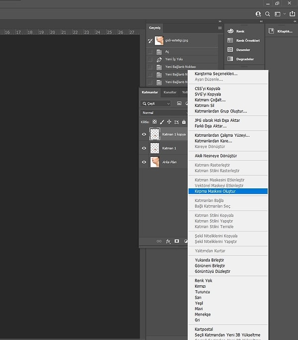 Üstteki katmana sağ tıklayıp ''Kırpma maskesi oluştur''u seçiyoruz.