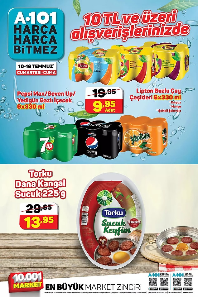 10 TL ve üzeri alışverişlerinizde 6'lı kutu içecek çeşitleri ya da 225 g Torku kangal sucuk indirimli.