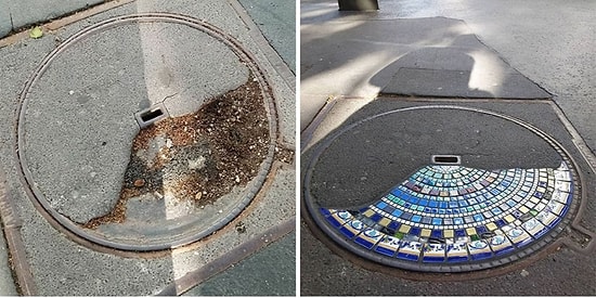 Художник ремонтирует потрескавшиеся тротуары, выбоины и здания, используя яркую мозаику, и вот 15 его лучших работ