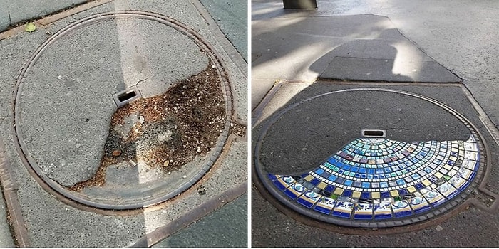 Художник ремонтирует потрескавшиеся тротуары, выбоины и здания, используя яркую мозаику, и вот 15 его лучших работ