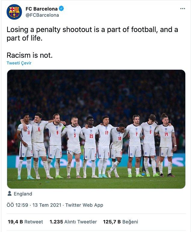 ''Penaltılar ve kaçan penaltılar ile bir şampiyonluğu kaybetmek futbolun ve hayatın bir parçası. Ancak ırkçılık değil.''