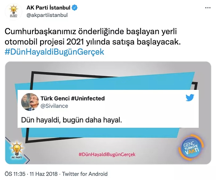 AKP'nin 2018 Yılında Paylaştığı 'Yerli Otomobil 2021'de Yollarda' Tweeti Gündemde