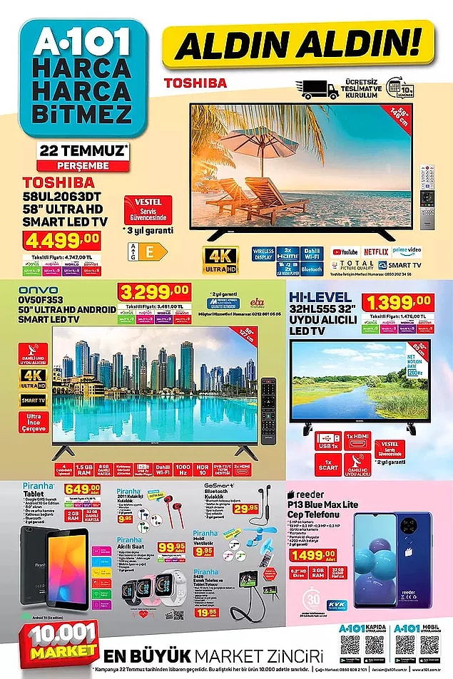 A101 'de 22 Temmuz Perşembe gününden itibaren Toshiba 58″ Ultra HD Smart Led TV ücretsiz teslimat seçeneği ile satışta olacak. Fiyatı ise 4,499 TL.