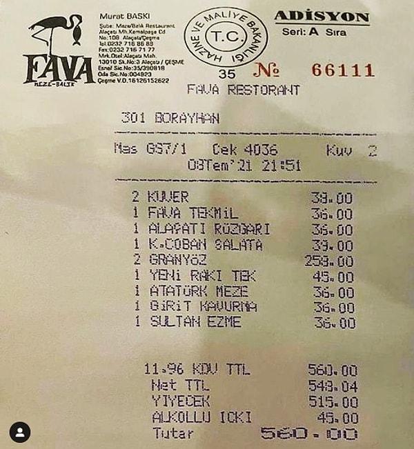 Burası da Alaçatı Fava Restoran. Fiyatları abartı değil ancak kuver için kişi başı 19 TL olarak belirlenmiş.