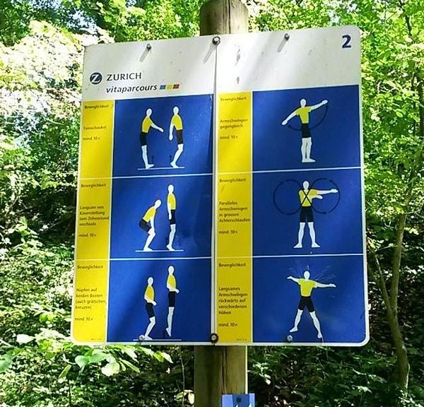 4. "İsviçre'de, ziyaretçilerin yürüyüşlerinde belirli noktalara ulaştıklarında uygun egzersizleri yapabilmeleri için parkların etrafında bu işaretler var."