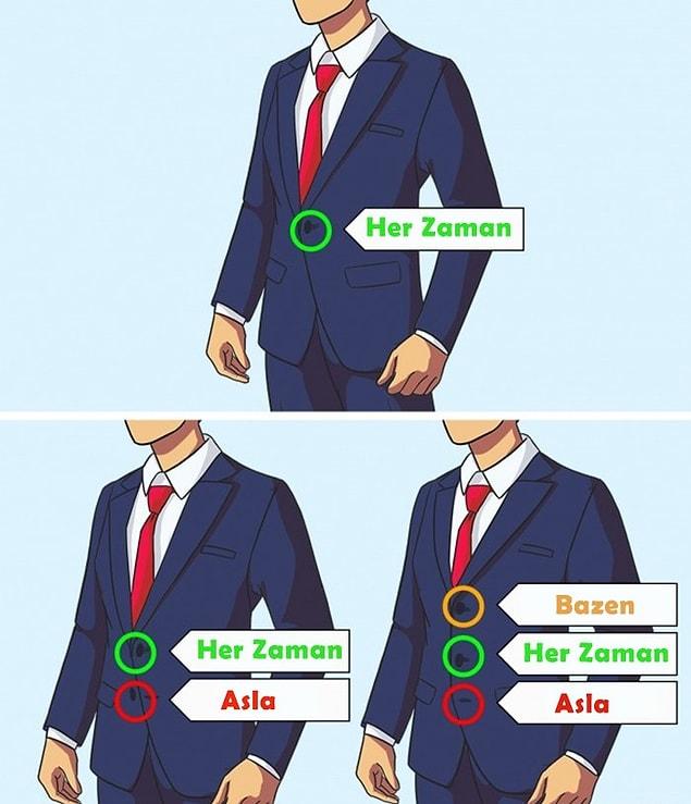 1. Ceketin ön düğmesi her zaman kapalı olmalıdır. En üstteki düğme ruh halinize göre açık ya da kapalı olabilir, ancak en alttaki düğme asla kapatılmamalıdır.