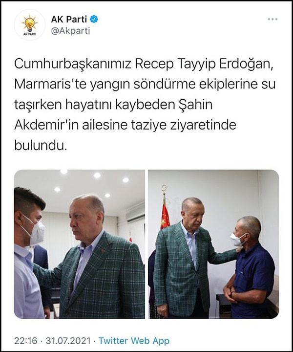 AKP’nin resmi Twitter hesabından Erdoğan'ın Akdemir ailesini ziyaret ettiğini belirten bir paylaşım yapıldı.