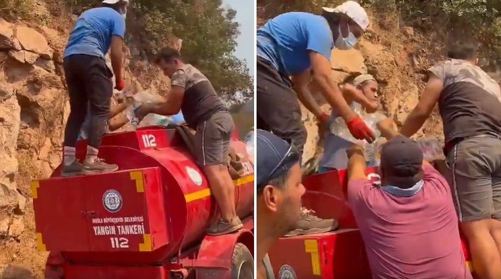 Yangın Söndürme Çalışmalarında Kullanılan Tankerin Biten Suyu İçin Tankere Bidonlarla Su Dolduran Vatandaşlar