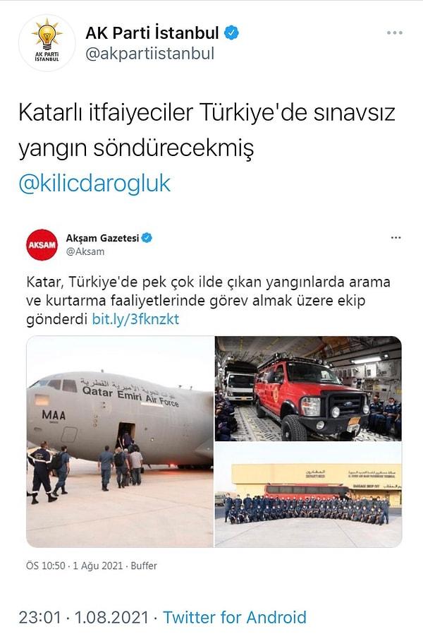 3. AKP İstanbul teşkilatının yangınların en şiddetli olduğu anda attığı bu tweet bir süre sonra silindi.