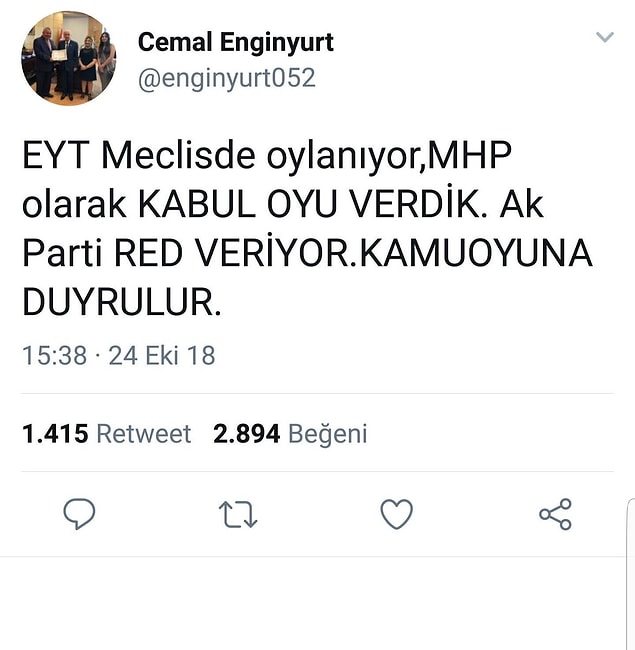 11. Cumhur İttifakı öncesi MHP'li milletvekili Cemal Enginyurt'un attığı ve sildiği tweetlerden bir tanesi.