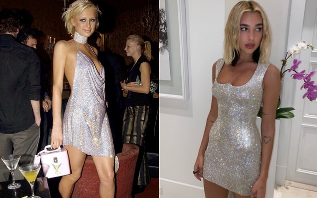 8. Paris Hilton'ın 2002 yılında Paris'te kutladığı doğum gününde giydiği payetli elbiseye benzer bir diğerini de şarkıcı Dua Lipa 2020 yılbaşında giymiş.