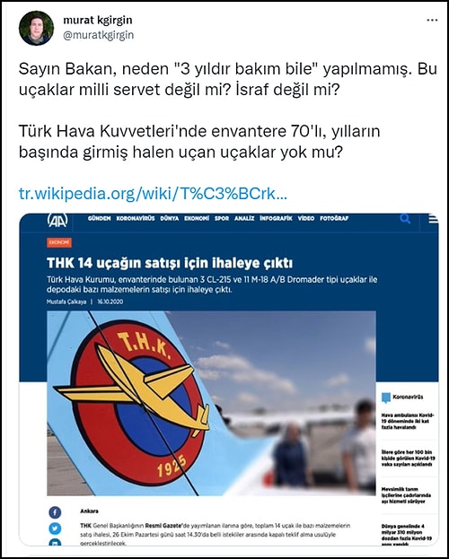 Toplumsal Medya, 'THK Uçakları 3 Yıldır Bakımsız' Diyen Bakan Varank'a Sordu: 'Neden Bakım Yapmadınız?'