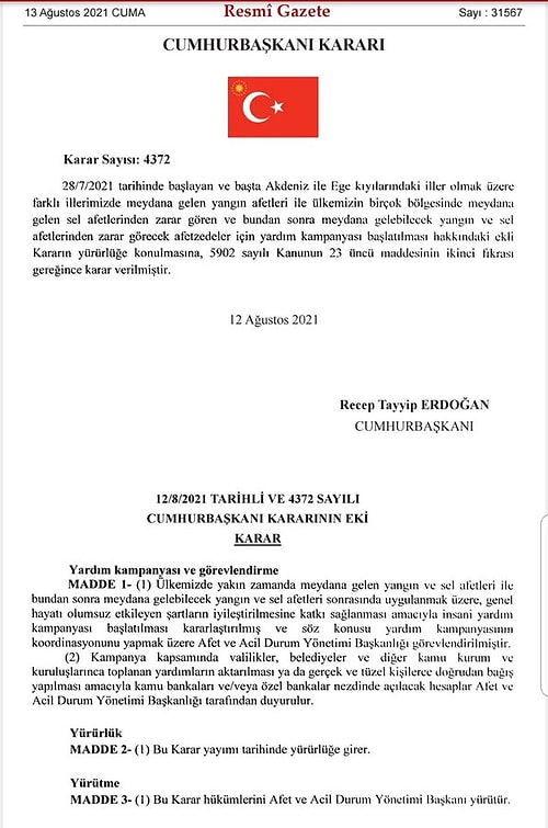 Resmi Gazete'de Yayımlandı: Yangın ve Sel Felaketleri İçin Yardım Kampanyası