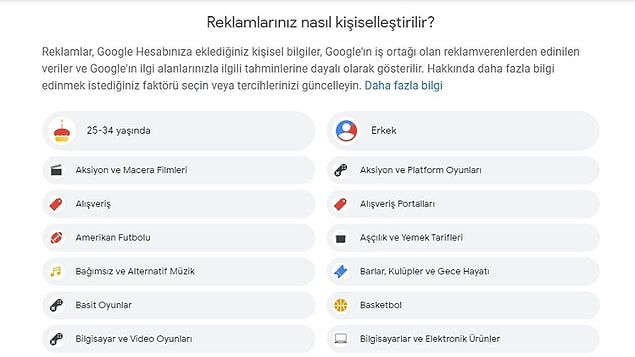 Açılan sayfada Gelişmiş kısmına geldiğiniz vakit Google'ın hakkınızda öğrendiği şeylerin tümü karşınızda.