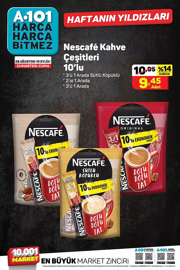 10'lu Nescafe paketleri de 9,45 TL.