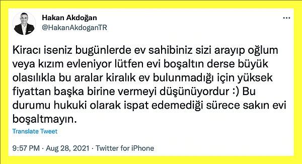 Kira artışlarından yararlanmak isteyen ev sahiplerine karşı Hakan Akdoğan Twitter'dan takipçilerini uyarmış👇🏻