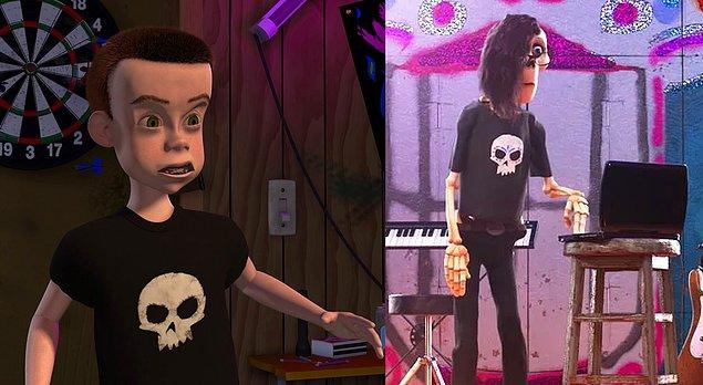 22. Coco (2017) filmindeki iskelet, Toy Story filminden Sid'in tişörtünü giyiyor.