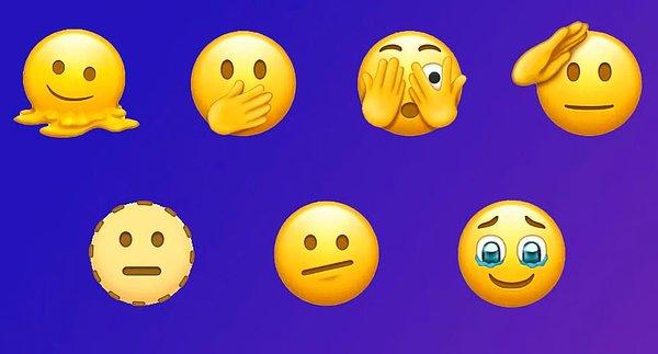 Öncelikle alışık olduğumuz sarı emojilerin yeni versiyonları arasında eriyen yüz, asker selamı, tek gözünü kapatan yüz, gözleri dolu yüz gibi emojiler var.