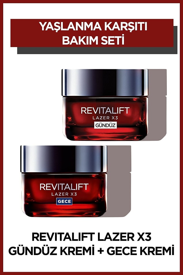 4. L'Oréal Paris Revitalift Lazer X3 Yoğun Yaşlanma Karşıtı Gündüz Bakım Kremi + Gece Bakım Kremi