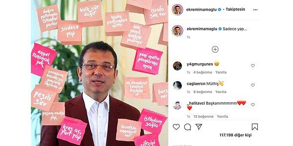 Bugün de Ekrem İmamoğlu, Instagram hesabından post-itlere yazılı olan vaatlerini "Sadece Yap" notuyla paylaştı.