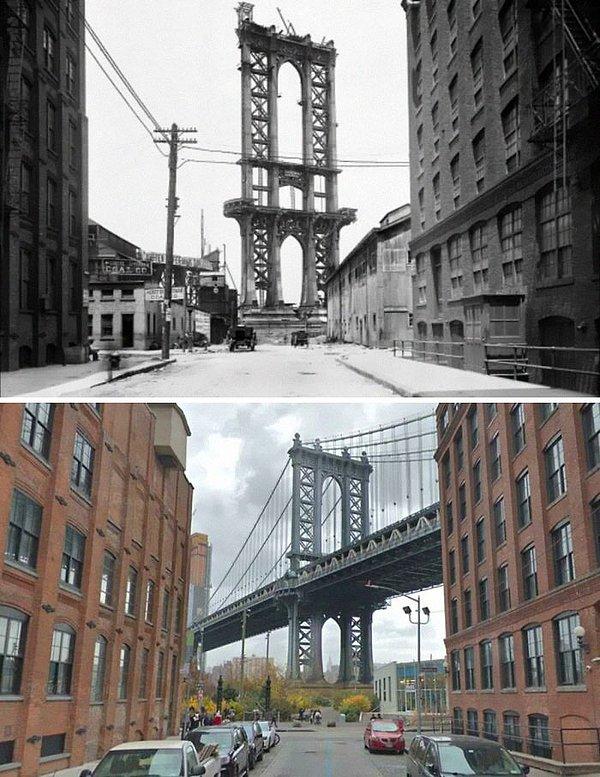 14. 1908'de halen inşaat halinde olan Manhattan Köprüsü ve günümüz