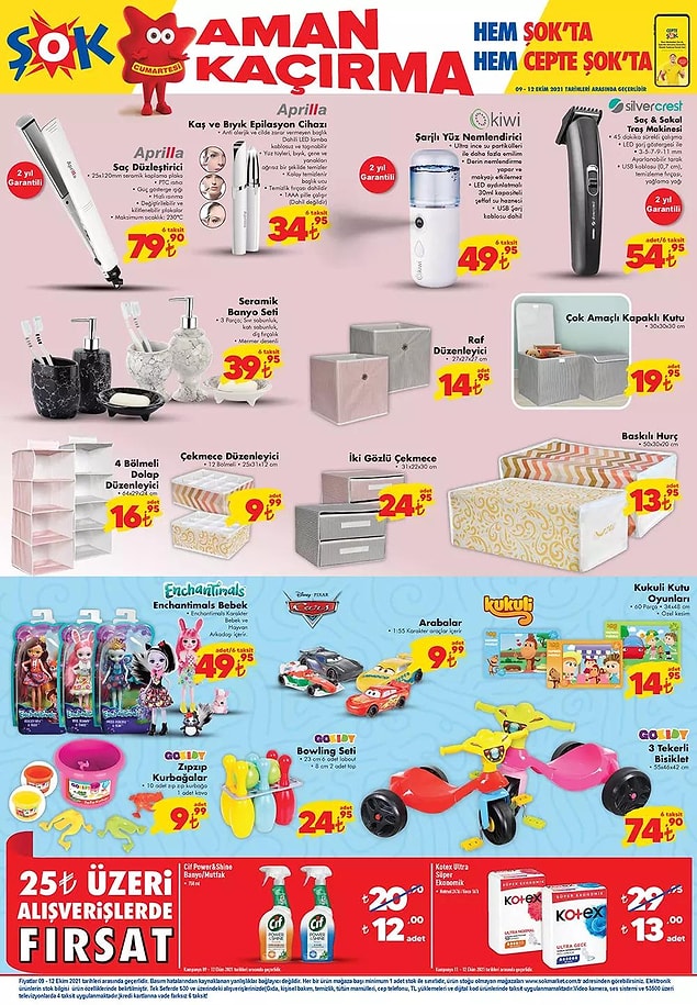 25 TL ve üzeri alışverişlerinizde Cif Power Shine Banyo ve Mutfak Temizleyici 12 TL, Kotex Ultra Süper Ekonomik Ped 13 TL.