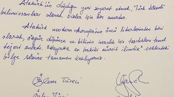 Türkiye'nin Atina Büyükelçisi Burak Özügergin'in karşıladığı Türeci ve Şahin, Atatürk Evi'ndeki anı defterine şunları yazdı 👇