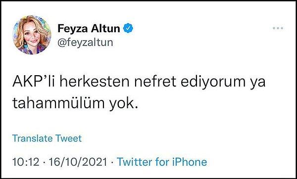 Attığı tweet'te "AKP'li herkesten nefret ediyorum ya tahammülüm yok" diyen Altun, bir süre sonra söz konusu paylaşımını sildi. 👇
