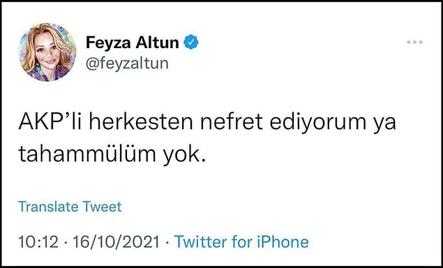 Attığı tweet'te "AKP'li herkesten nefret ediyorum ya tahammülüm yok" diyen Altun, bir süre sonra söz konusu paylaşımını sildi. 👇