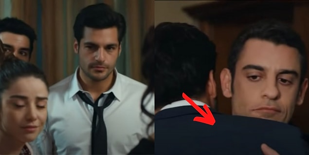 Mete'ye sarılmaya giderken Ayaz'ın ceketi yok, tokalaşınca ceket aniden ortaya çıkıyor.