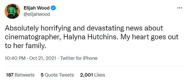 Başta Elijah Wood olmak üzere, pek çok oyuncu ve set çalışanı Halyna Hutchins'in yakınlarına ve sevdiklerine baş sağlığı diledi.
