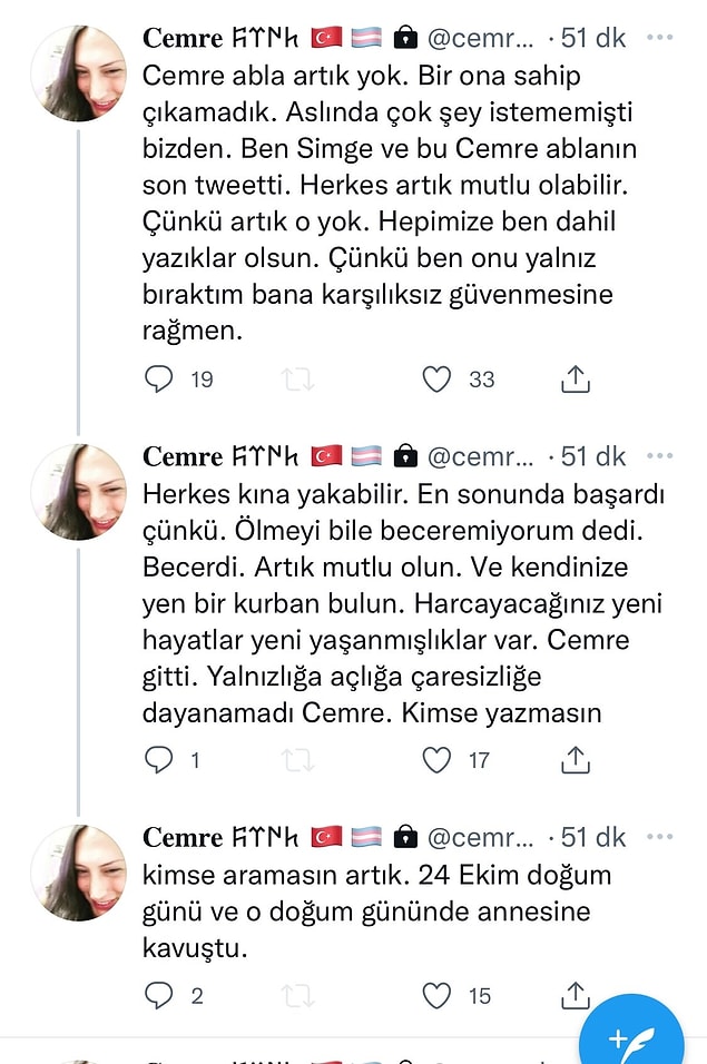 Simge isimli arkadaşı Cemre'nin Twitter hesabından bu şekilde bir açıklama yapmıştı👇 Bu nedenle herkes Cemre'nin intihar ederek hayatına son verdiğini düşündü.