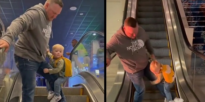 Yürüyen Merdivenlerden Korkan Küçük Çocuk Koala Gibi Babasının Bacağına Sarılıyor