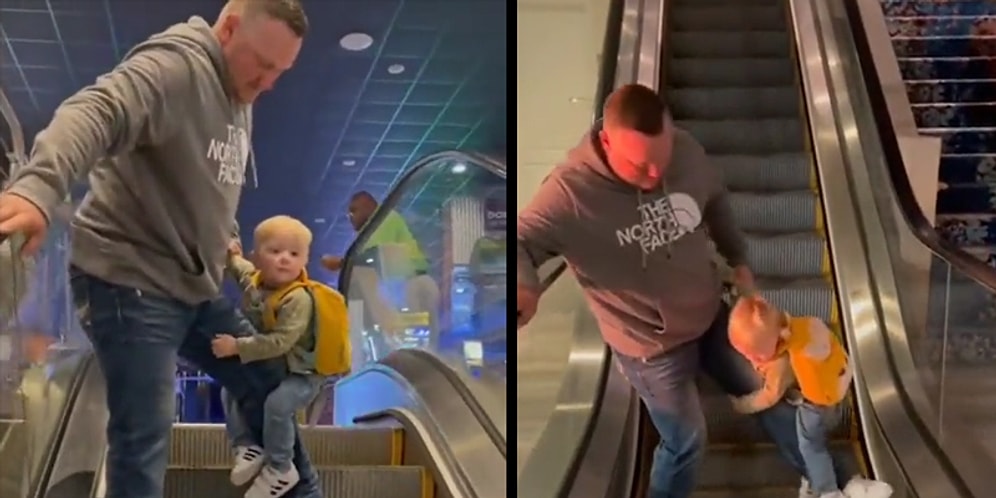Yürüyen Merdivenlerden Korkan Küçük Çocuk Koala Gibi Babasının Bacağına Sarılıyor