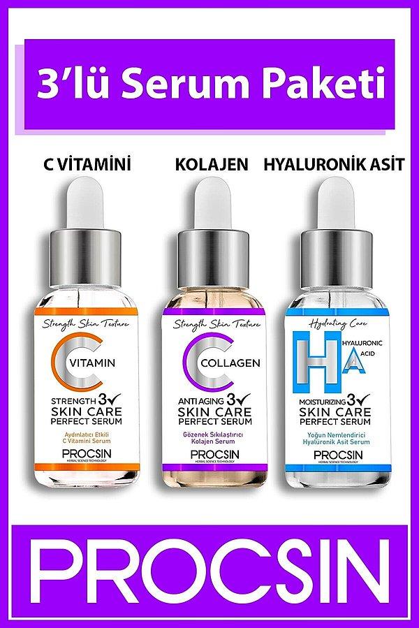 1. Cildin tüm ihtiyacını karşılayan C Vitamini, Kolajen ve Hyaluronik Asit üçlü serum paketi...