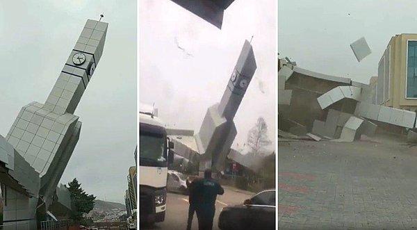 Meteoroloji Genel Müdürlüğü'nün günler öncesinden uyarılarda bulunduğu bu endişe verici durum nedeniyle ise Çatalca'da bulunan bir saat kulesi lodosun şiddetine dayanamayıp yıkıldı.