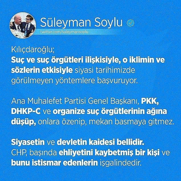 7. İçişleri Bakanı Süleyman Soylu, Türkiye İstatistik Kurumu'na (TÜİK) bilgi almaya giden CHP Genel Başkanı Kemal Kılıçdaroğlu'nu hedef aldı. Soylu, Kılıçdaroğlu'nun 'mekan bastığını' savundu.