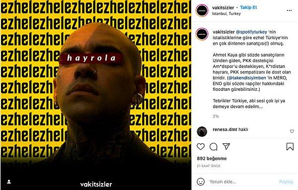 Ancak Instagram'da bir sayfa Ezhel'in bu başarısını takdir etmek yerine ünlü rapçi'ye 'terörist' damgası yapıştırdı.