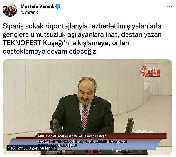 1. Sanayi ve Teknoloji Bakanı Mustafa Varank TBMM'de yaptığı bir konuşmayı Twitter hesabından paylaştı. Videoda bahsi geçen gençlerden biri olan Arda Mavi de Varank'ı cevapsız bırakmadı.