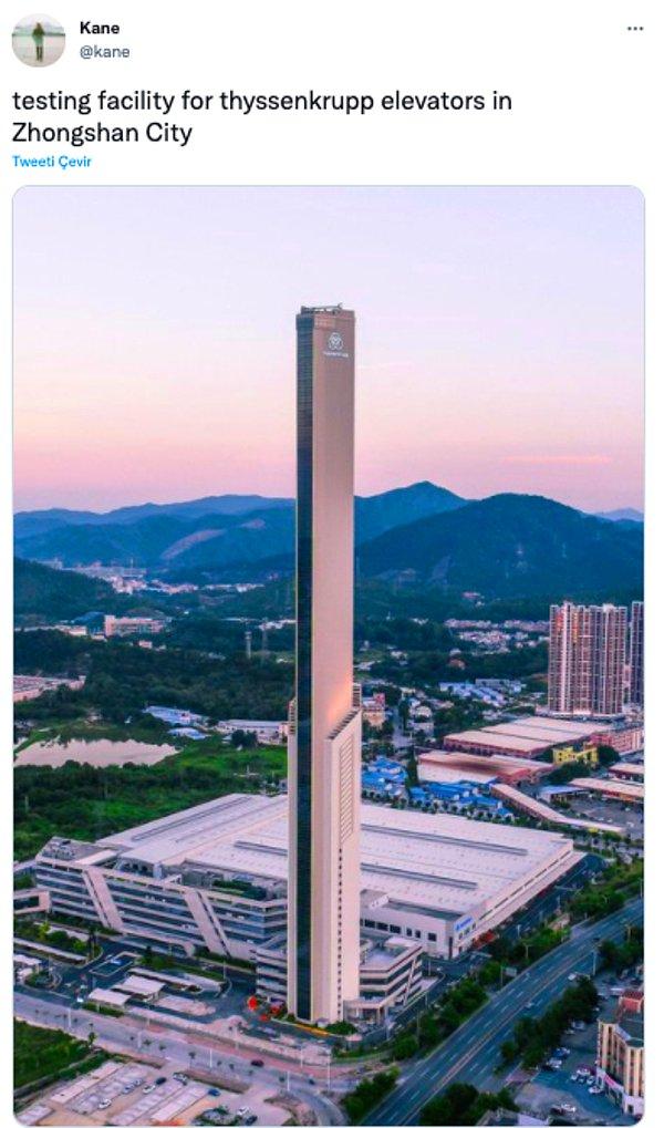1. Thyssenkrupp şirketinin kendi ürettikleri asansörleri için Zhongshan şehrinde inşa ettiği test merkezi: