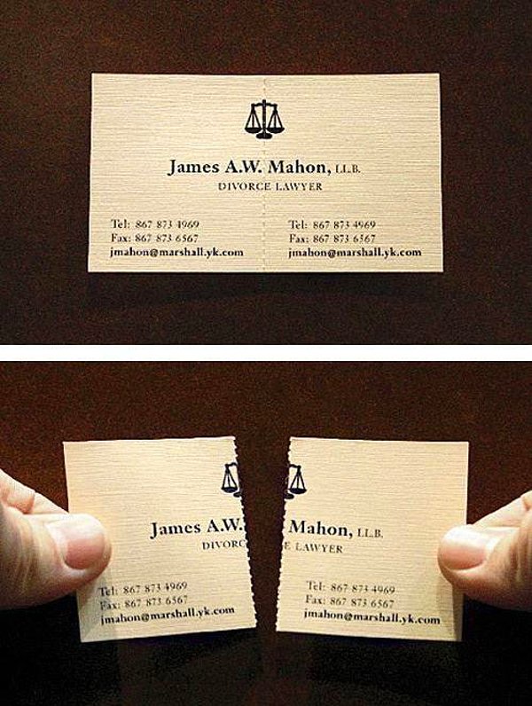 20. Boşanma avukatları için akılda kalıcı ve oldukça eğlenceli bir kart tasarımı.