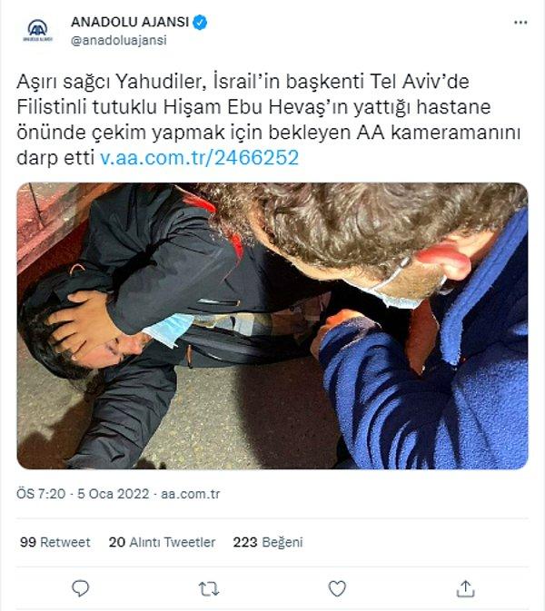 Anadolu Ajans bu olayı Twitter hesaplarında "Aşırı sağcı Yahudiler, İsrail’in başkenti Tel Aviv’de Filistinli tutuklu Hişam Ebu Hevaş’ın yattığı hastane önünde çekim yapmak için bekleyen AA kameramanını darp etti" yazarak bildirdi.