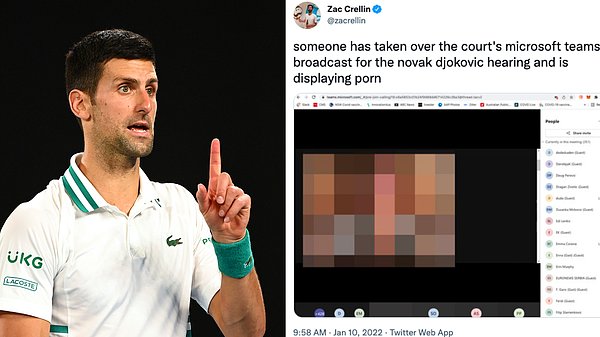 Avustralya'da, vizesi iptal edilen Sırp tenisçi Novak Djokovic'in duruşmasını gazetecilerin takip edilebilmesi için verilen bağlantı hacklenerek buradan yüksek sesli müzik ve porno yayını yapıldı.