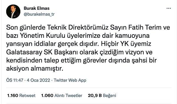 Tabii bu konuda gündem durulmadığı için de sürekli yeni açıklamalar yapılıyor. Galatasaray Başkanı Burak Elmas, Twitter hesabından bu açıklamalardan birini yaptı.