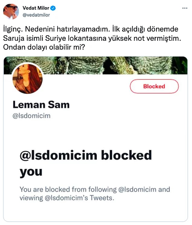 14. Geçtiğimiz günlerde yaptığı 'soysuz Araplar' çıkışıyla gündeme bomba gibi düşen ünlü sanatçı Leman Sam ile Vedat Milor arasında Twitter'da dillere destan bir olay yaşandı.