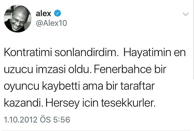 Aziz Yıldırım'la görüştükten sonra "Kontratımı sonlandırdım. Hayatımın en üzücü imzası oldu. Fenerbahçe bir oyuncu kaybetti, ama bir taraftar kazandı. Her şey için teşekkürler" paylaşımı yapan Alex de Souza'nın Fenerbahçe serüveni sona ermişti.