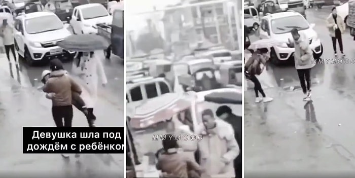 Yağmurlu Havada Kucağında Çocuğunu Taşıyan Anneye Şemsiyesini Veren Güzel Yürekli İnsan