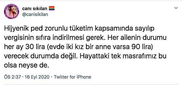 Sağlığın bir temel hak olduğunu ve sağlıkla ilgili her tür donanıma ücretsiz erişebilmemiz gerektiğini artık söylememize gerek yok. Hijyenik ped konusunda kadınların talebi en azından bu ürünlerde verginin indirilmesi. Şu aradaki farkı görünce insan gerçekten hayret ve isyan ediyor.