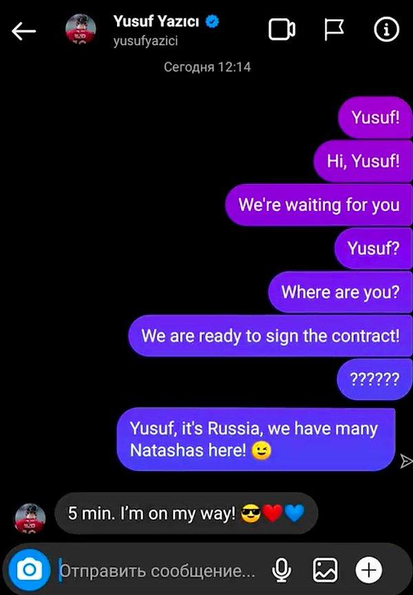 CSKA Moskova sosyal medya ekibi, Yusuf'la Instagram’dan üzerinden yapılan bir mesajlaşma mizanseni yapmıştı
